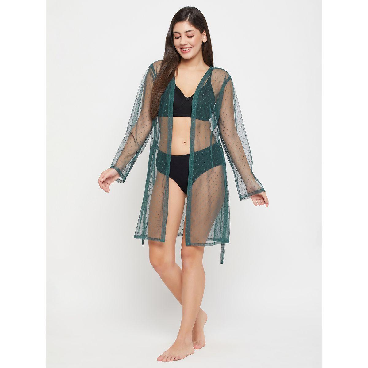 Clovia X Styli  Dobby Sheer Robe with Tie Belt-women-clothing-nightwear-robes-image-1