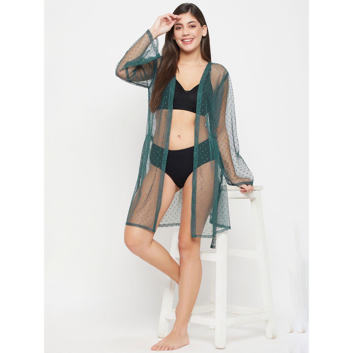 Clovia X Styli  Dobby Sheer Robe with Tie Belt-women-clothing-nightwear-robes-image-4