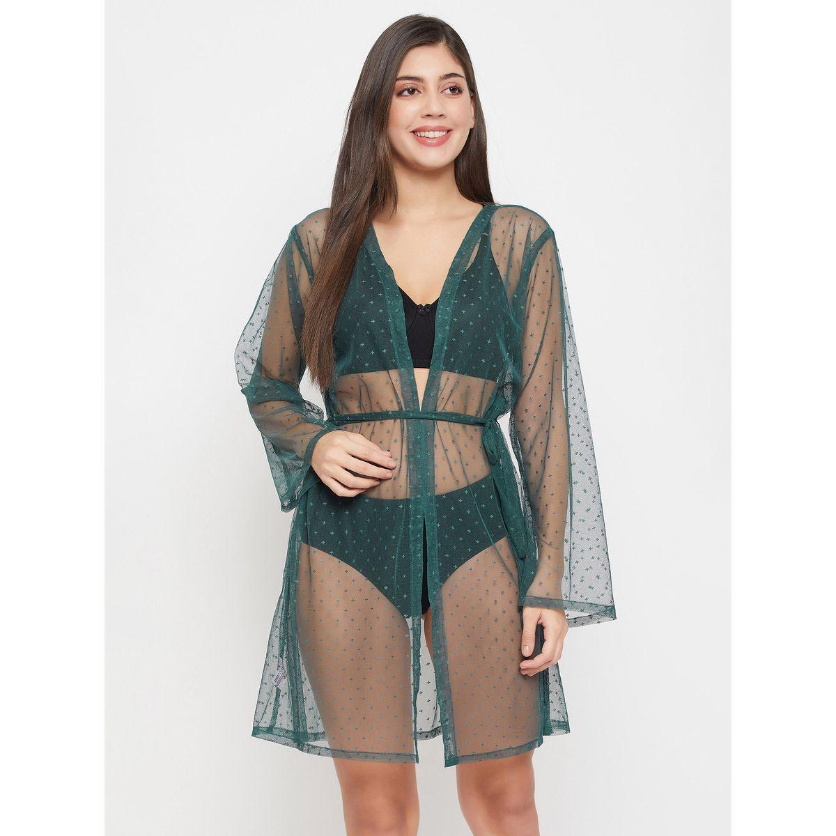 Clovia X Styli  Dobby Sheer Robe with Tie Belt-women-clothing-nightwear-robes-image-5