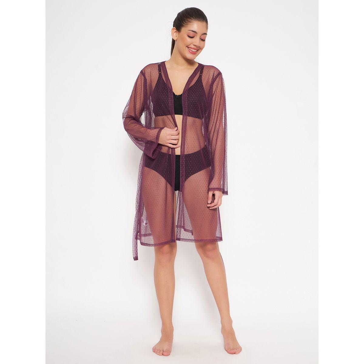 Clovia X Styli  Dobby Sheer Robe with Tie Belt-women-clothing-nightwear-robes-image-3