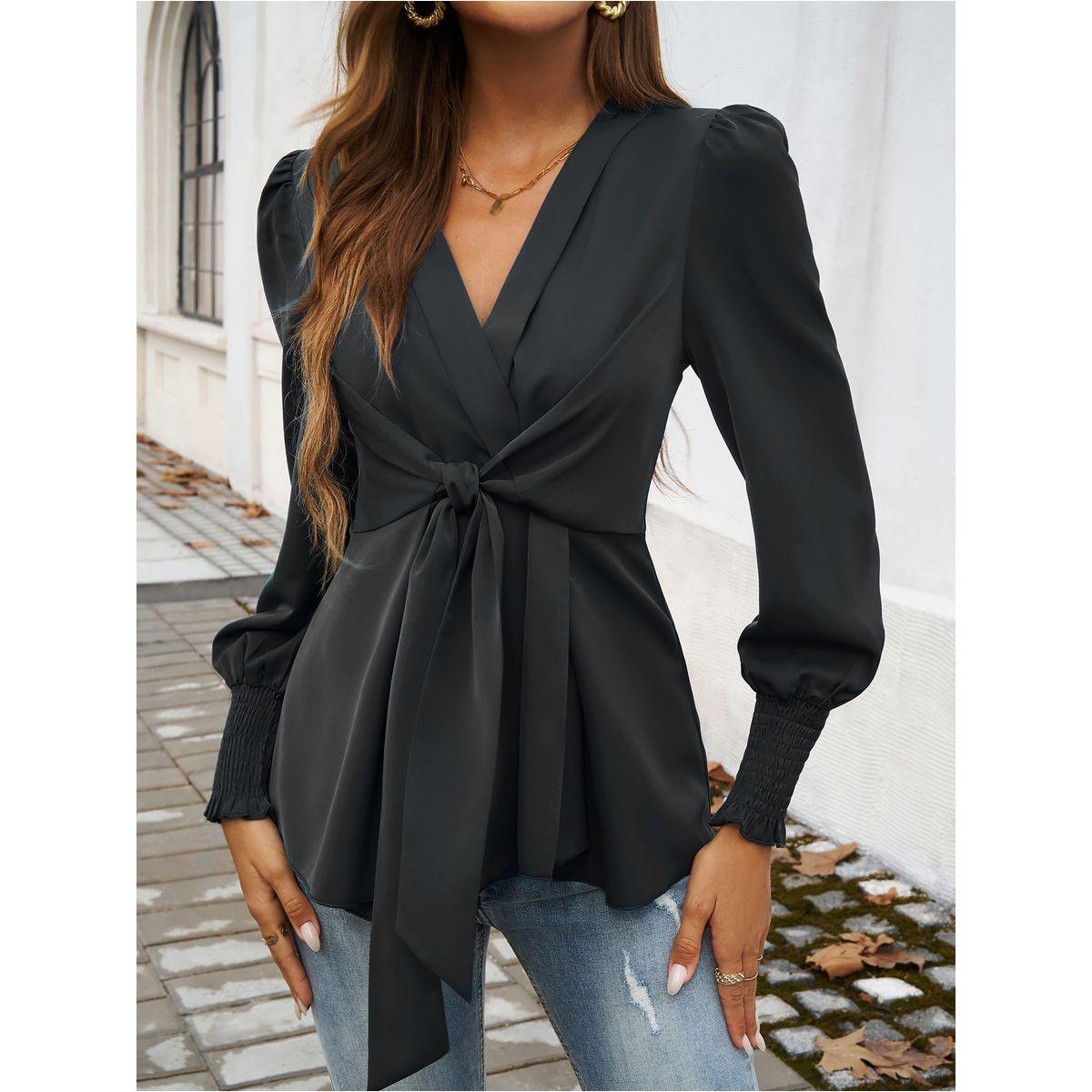 DY X Styli  Solid Smocking Cuff Ruffle Hem Tie Blouse-women-clothing-shirtsandblouses-blouses-image-1