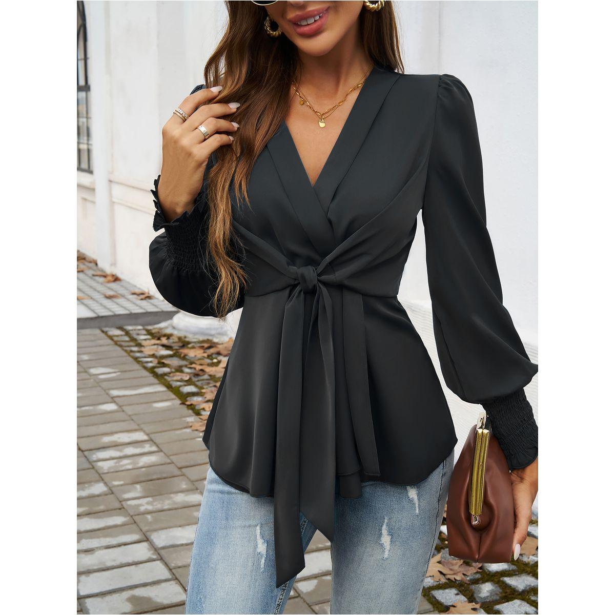 بلوزة سادة بتفاصيل كشكش مع أربطة دي واي × ستايلي-women-clothing-shirtsandblouses-blouses-image-3