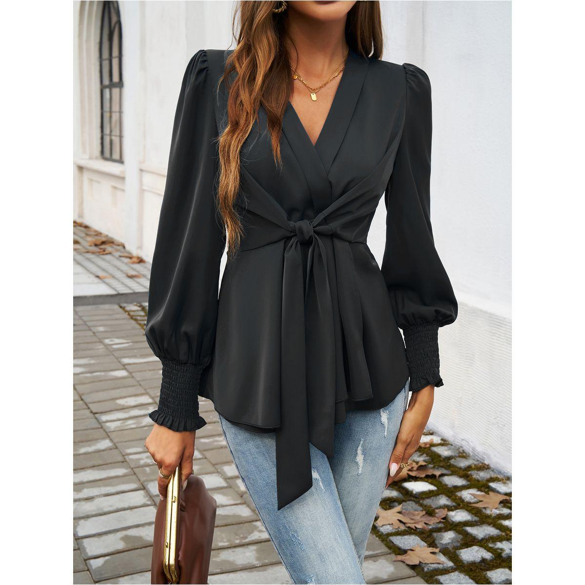 DY X Styli  Solid Smocking Cuff Ruffle Hem Tie Blouse-women-clothing-shirtsandblouses-blouses-image-4