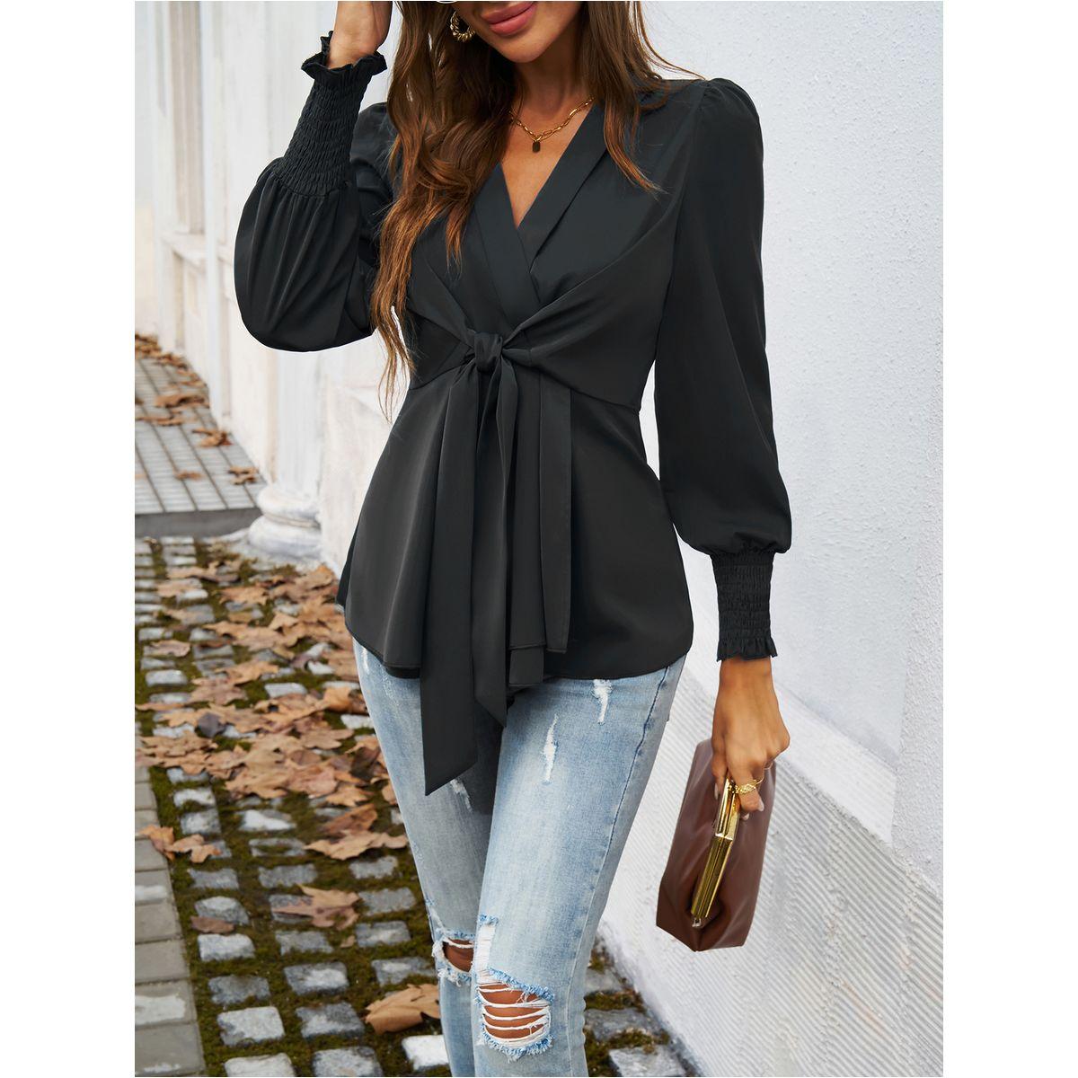 DY X Styli  Solid Smocking Cuff Ruffle Hem Tie Blouse-women-clothing-shirtsandblouses-blouses-image-5