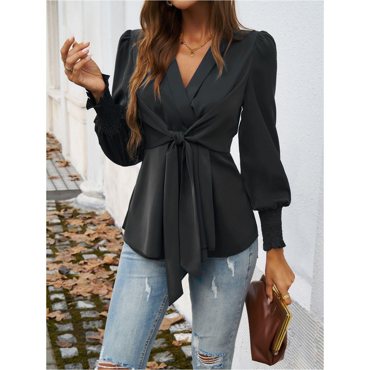 DY X Styli  Solid Smocking Cuff Ruffle Hem Tie Blouse-women-clothing-shirtsandblouses-blouses-image-6