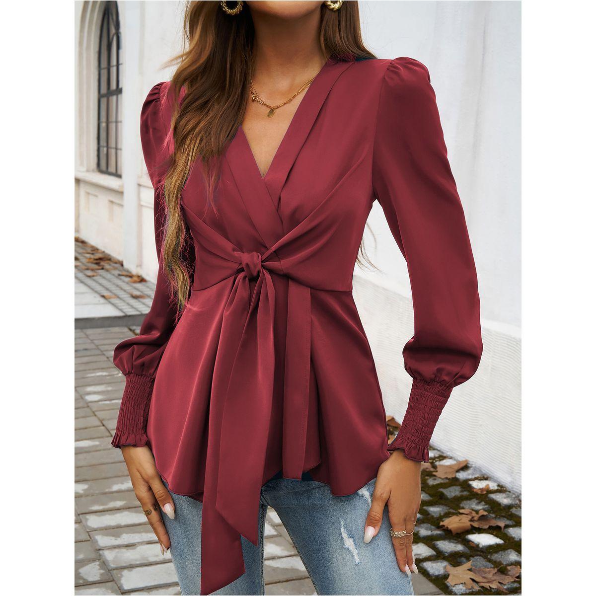 DY X Styli  Solid Smocking Cuff Ruffle Hem Tie Blouse-women-clothing-shirtsandblouses-blouses-image-1