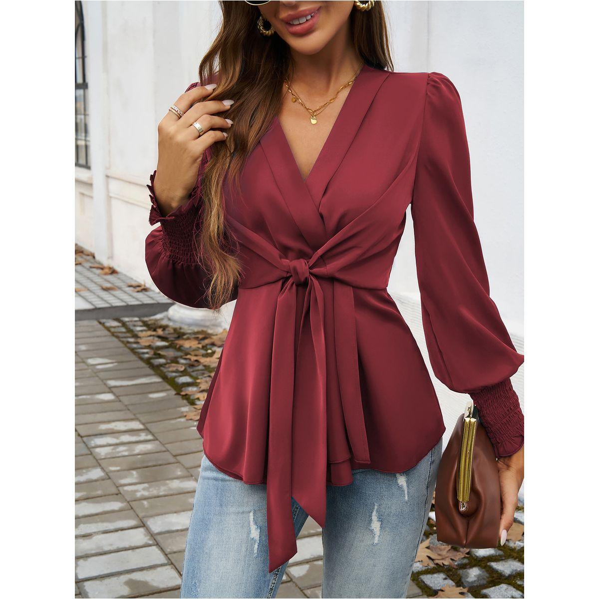 بلوزة سادة بتفاصيل كشكش مع أربطة دي واي × ستايلي-women-clothing-shirtsandblouses-blouses-image-4