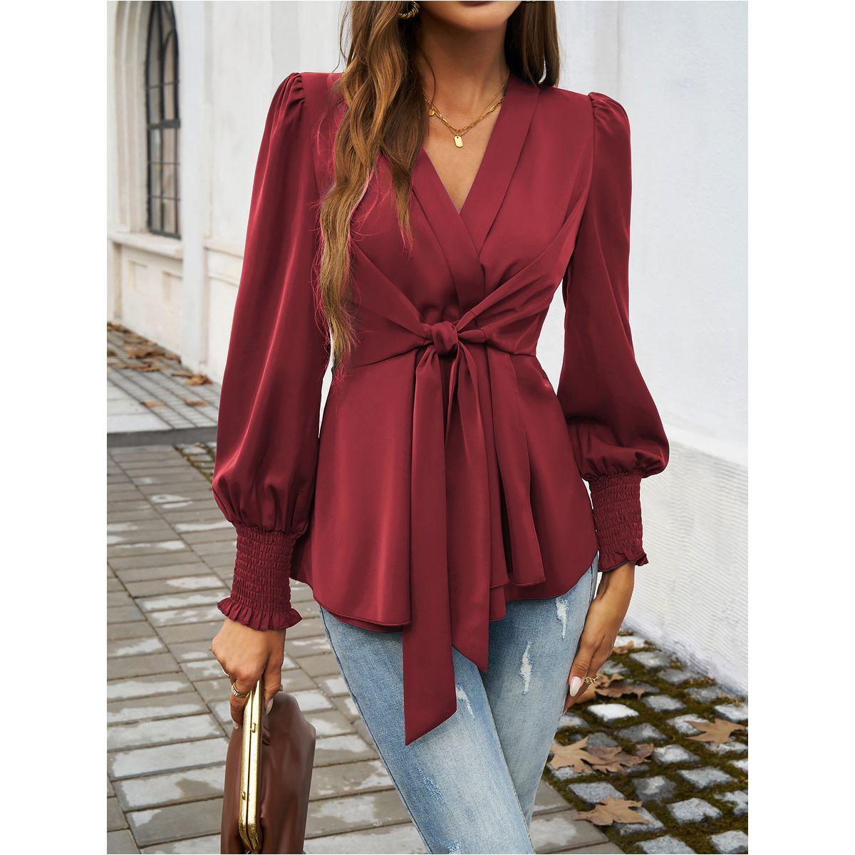 DY X Styli  Solid Smocking Cuff Ruffle Hem Tie Blouse-women-clothing-shirtsandblouses-blouses-image-4