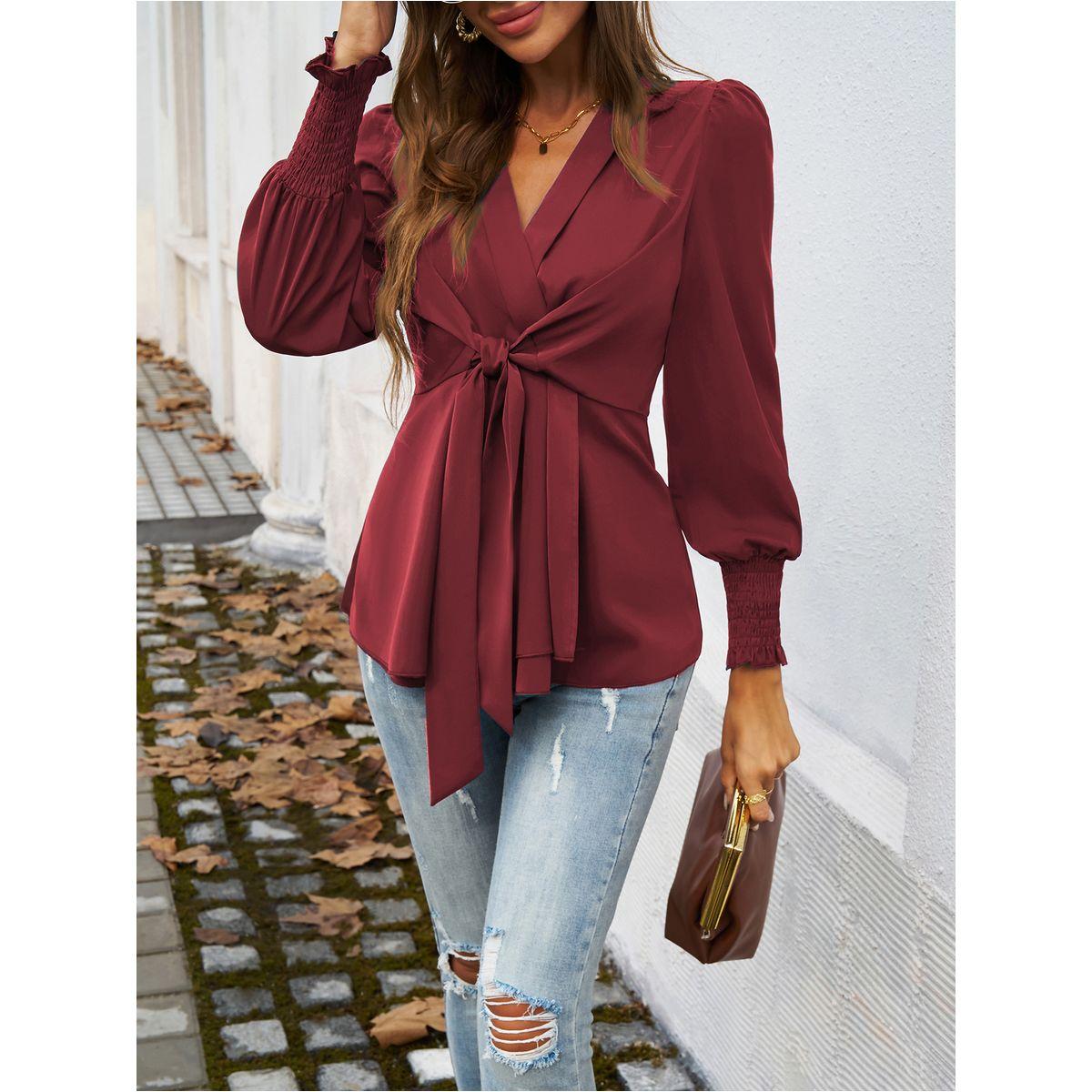 بلوزة سادة بتفاصيل كشكش مع أربطة دي واي × ستايلي-women-clothing-shirtsandblouses-blouses-image-2
