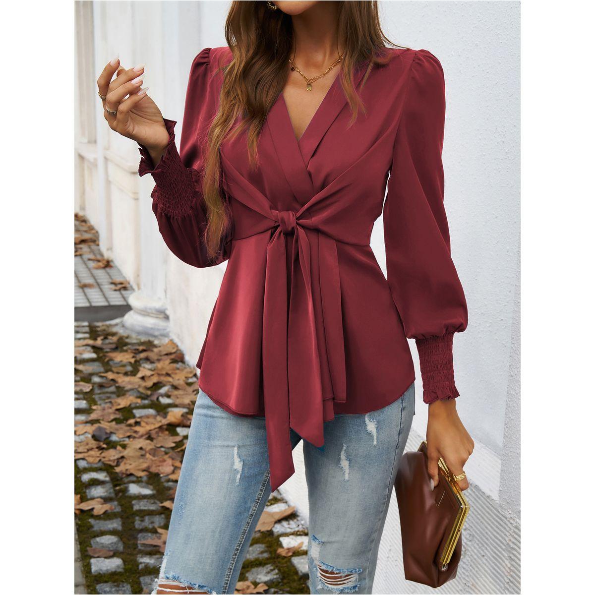 DY X Styli  Solid Smocking Cuff Ruffle Hem Tie Blouse-women-clothing-shirtsandblouses-blouses-image-6