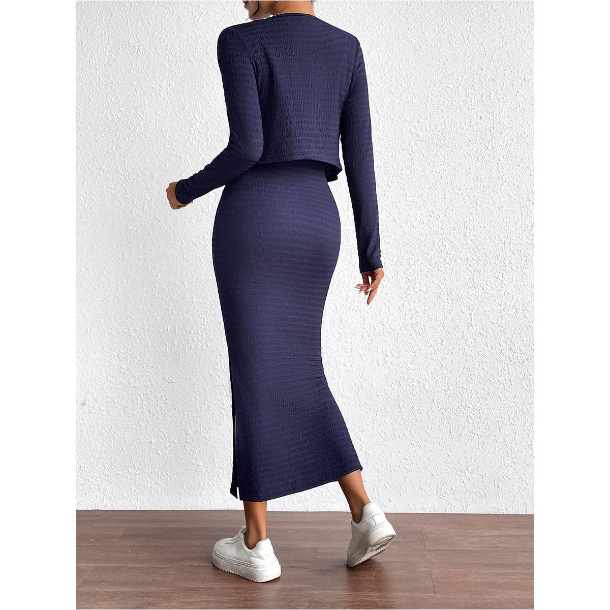 طقم منسق من كارديجان قصير مع فستان ميدي كامي دي واي × ستايلي-women-clothing-coordsets-image-2