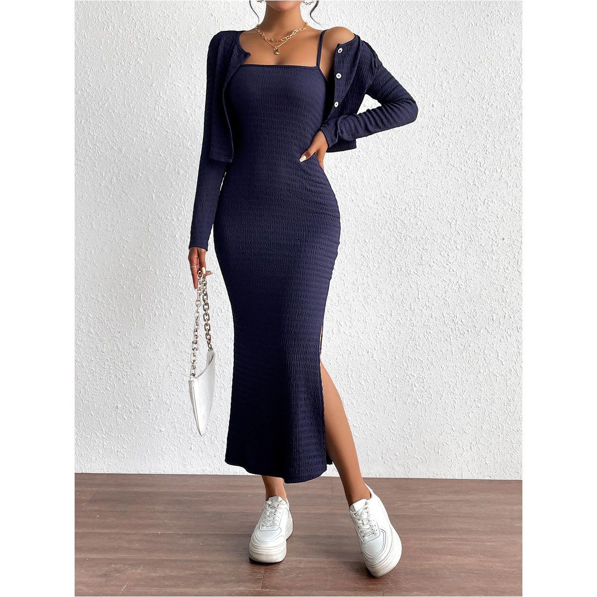 طقم منسق من كارديجان قصير مع فستان ميدي كامي دي واي × ستايلي-women-clothing-coordsets-image-4