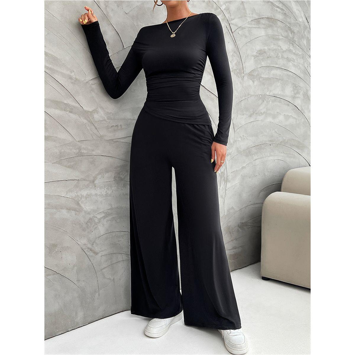 طقم منسق من بنطال بأرجل واسعة وبلوزة بياقة قارب-women-clothing-coordsets-image-1