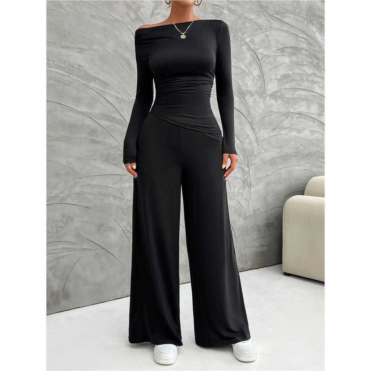 طقم منسق من بنطال بأرجل واسعة وبلوزة بياقة قارب-women-clothing-coordsets-image-3