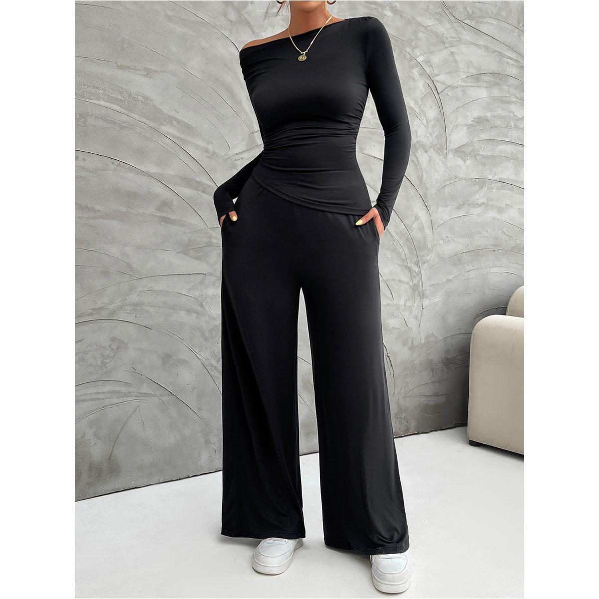طقم منسق من بنطال بأرجل واسعة وبلوزة بياقة قارب-women-clothing-coordsets-image-4