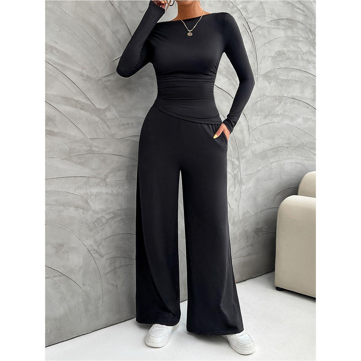 طقم منسق من بنطال بأرجل واسعة وبلوزة بياقة قارب-women-clothing-coordsets-image-5