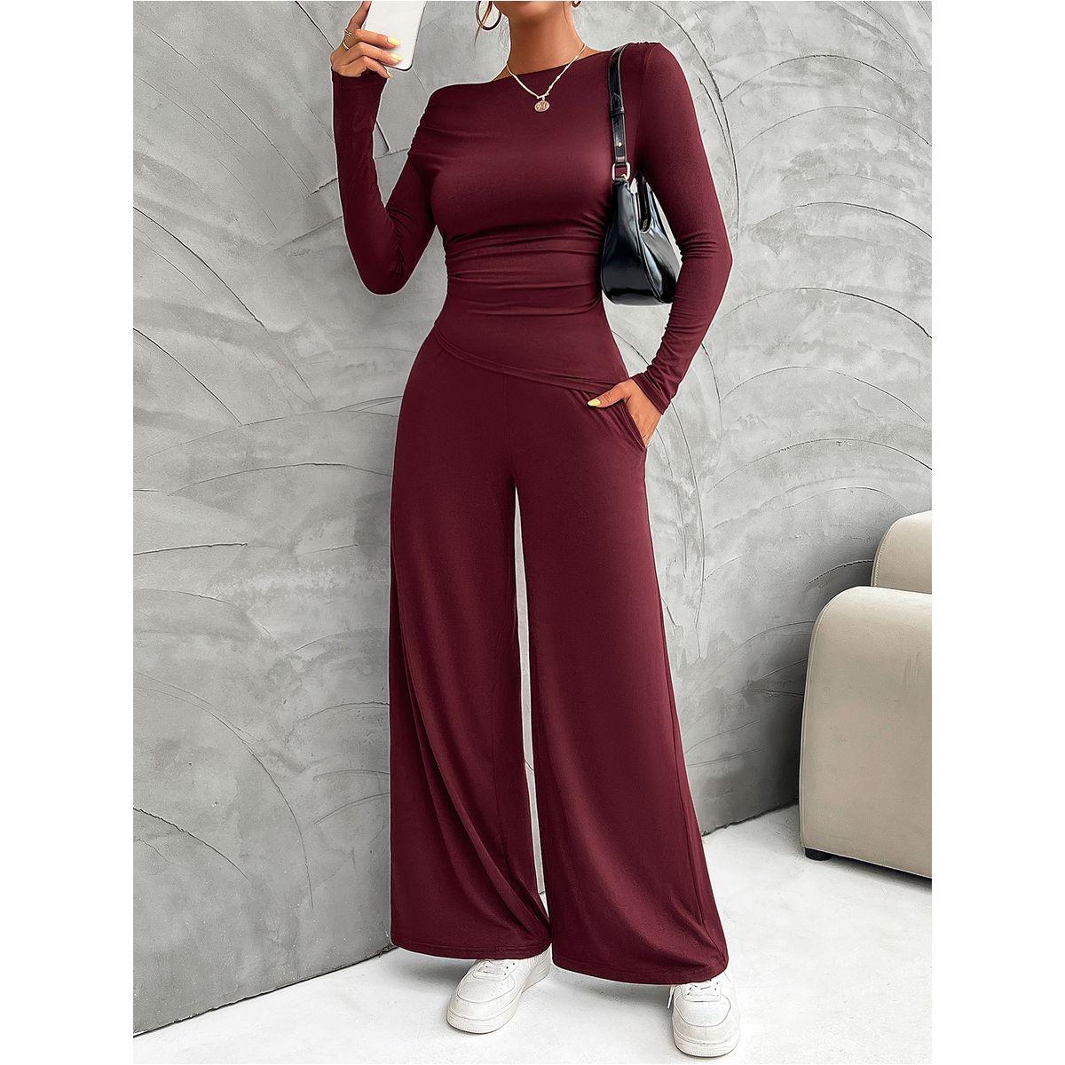 DY X Styli  Boat Neck Fitted Top & Wide Leg Pants Co-Ords-women-clothing-coordsets-image-1