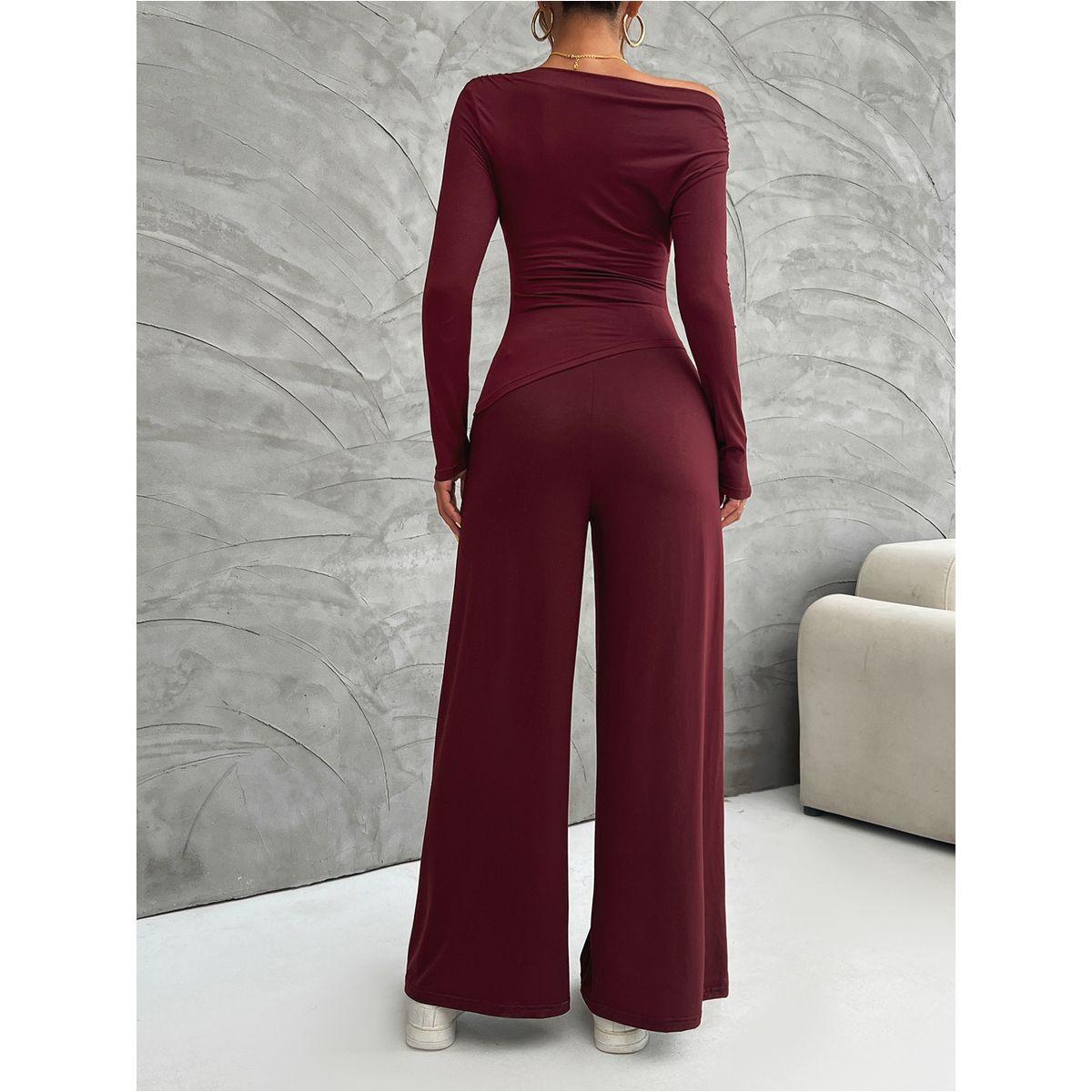 DY X Styli  Boat Neck Fitted Top & Wide Leg Pants Co-Ords-women-clothing-coordsets-image-2