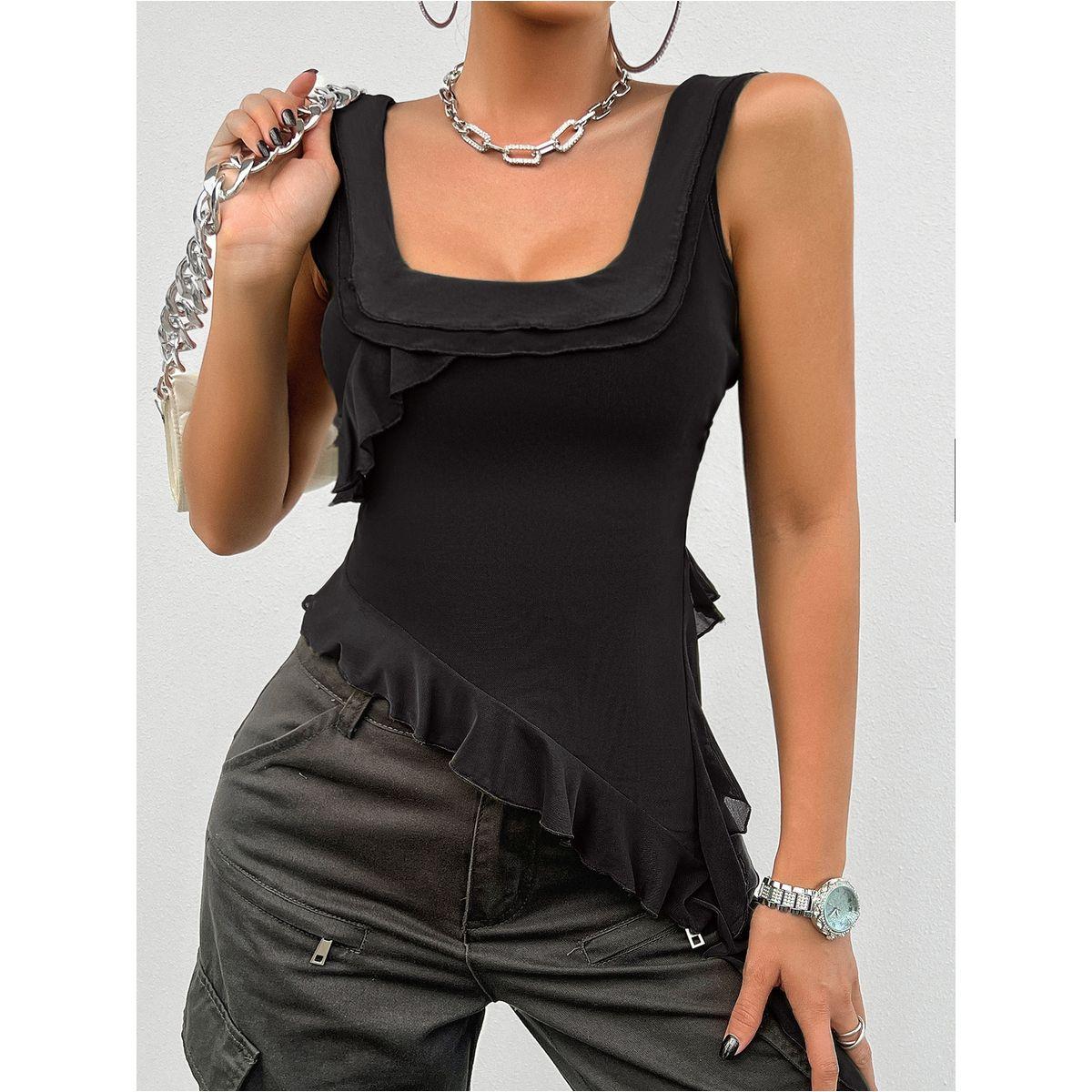بلوزة كامي بياقة واسعة وحواف كشكش دي واي × ستايلي-women-clothing-tshirts-image-1