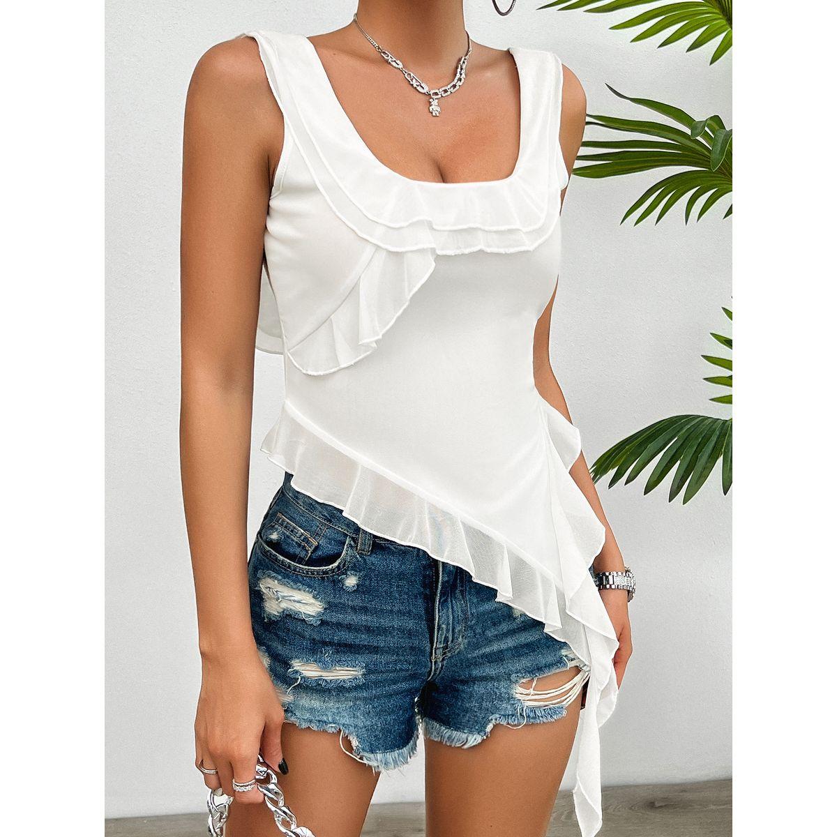 بلوزة كامي بياقة واسعة وحواف كشكش دي واي × ستايلي-women-clothing-tshirts-image-4