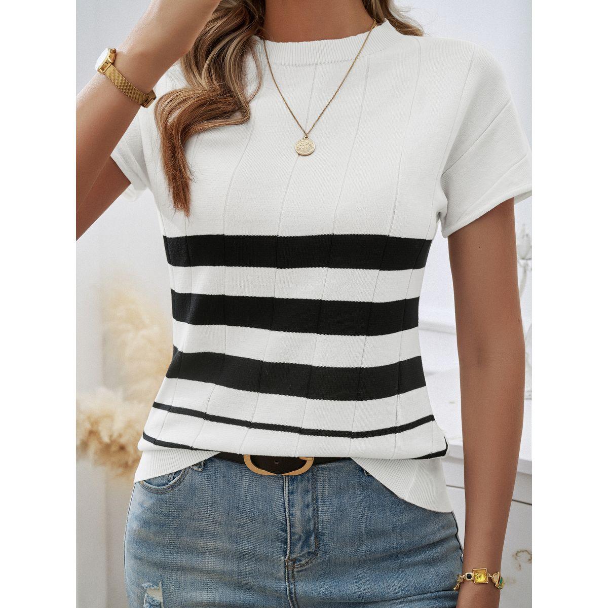 DY X Styli  Stripe Detail Short Sleeve Knit Top-women-clothing-shirtsandblouses-blouses-image-1