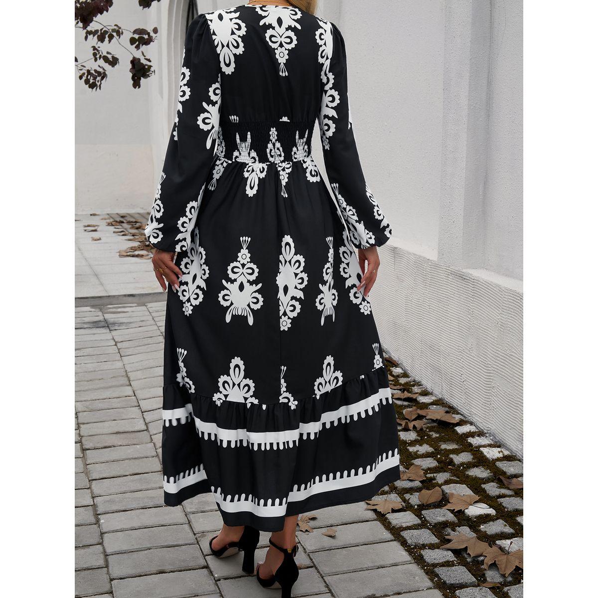 DY X Styli  All Over Print V Neck A-Line Midi Dress-women-clothing-dresses-image-2