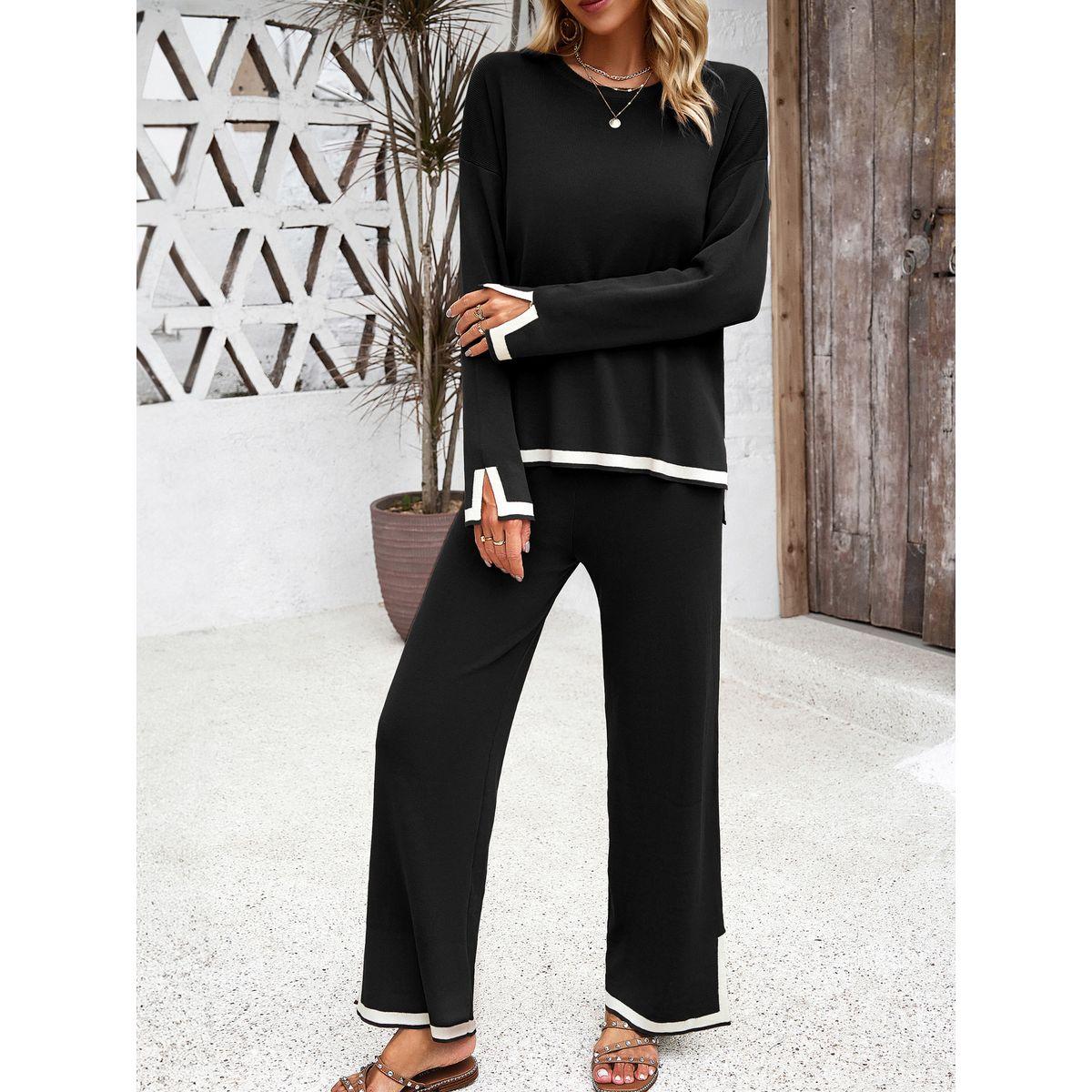 طقم منسق من بنطال بأرجل مستقيمة وبلوزة محبوكة دي واي × ستايلي-women-clothing-coordsets-image-1