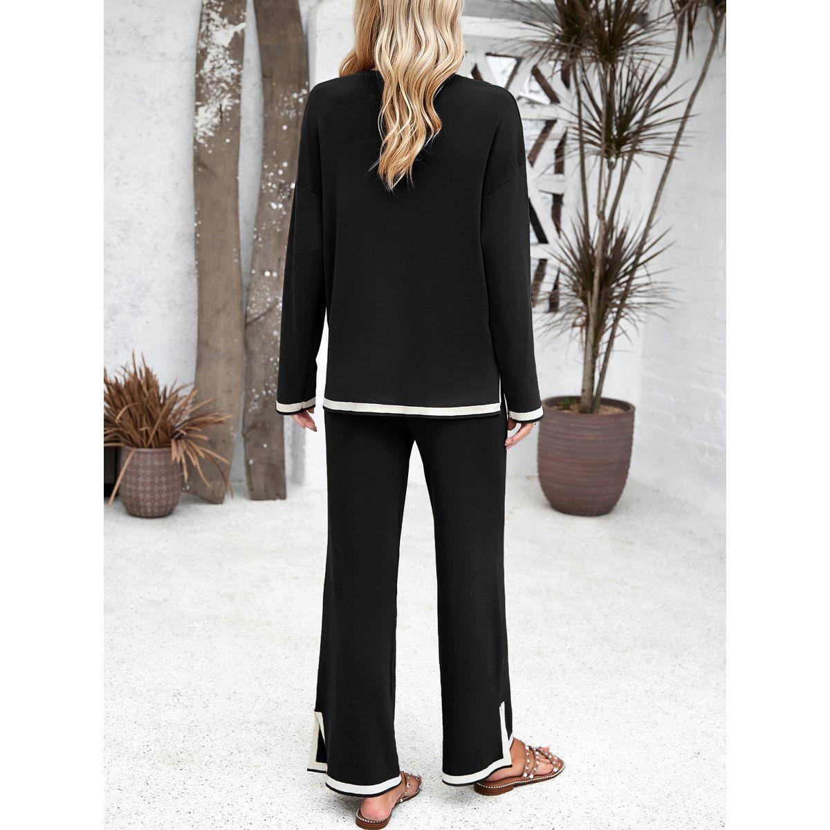 DY X Styli  Contrast Trim Knit Top & Straight Leg Pants Co-Ords-women-clothing-coordsets-image-2