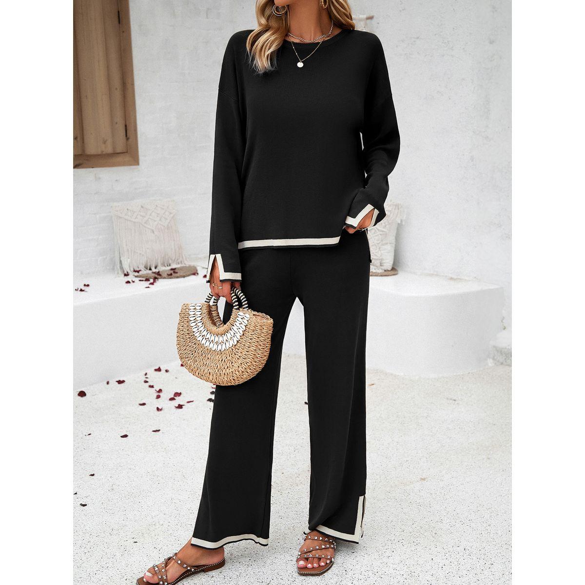 طقم منسق من بنطال بأرجل مستقيمة وبلوزة محبوكة دي واي × ستايلي-women-clothing-coordsets-image-3
