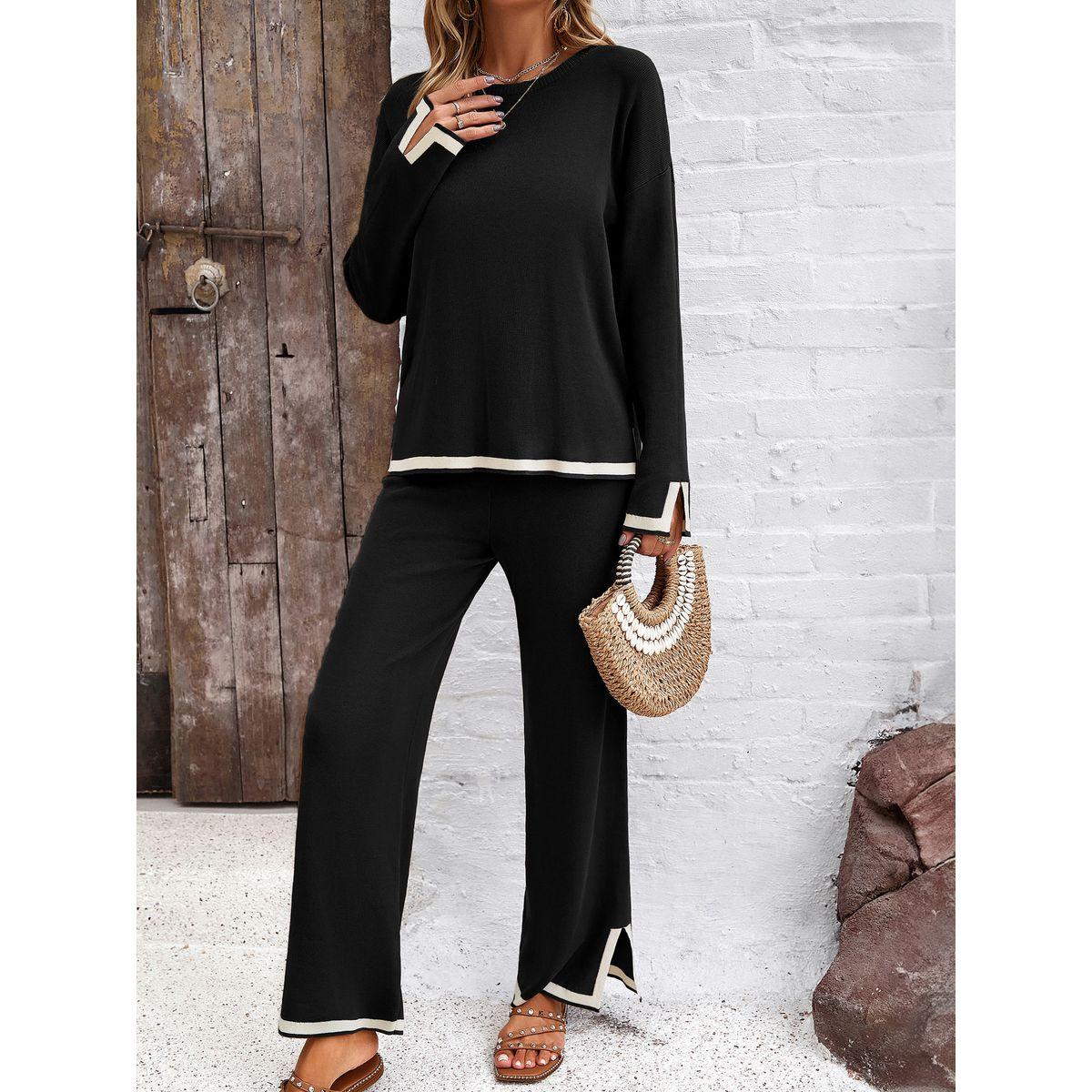 طقم منسق من بنطال بأرجل مستقيمة وبلوزة محبوكة دي واي × ستايلي-women-clothing-coordsets-image-4