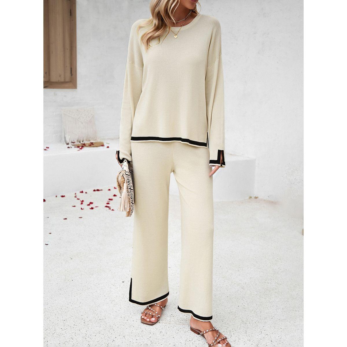 طقم منسق من بنطال بأرجل مستقيمة وبلوزة محبوكة دي واي × ستايلي-women-clothing-coordsets-image-1