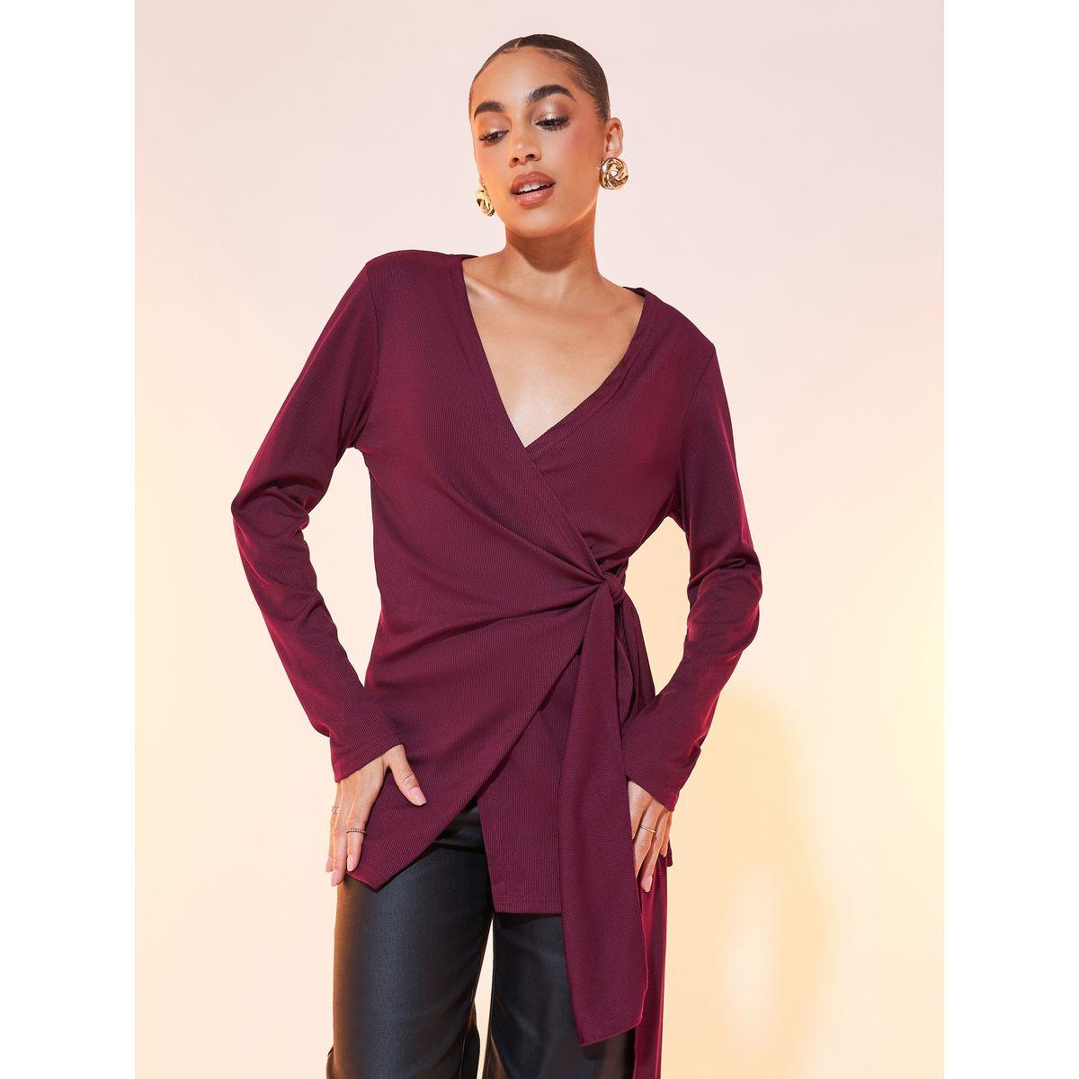 بلوزة سادة بنمط لف وأكمام طويلة-women-clothing-shirtsandblouses-blouses-image-4