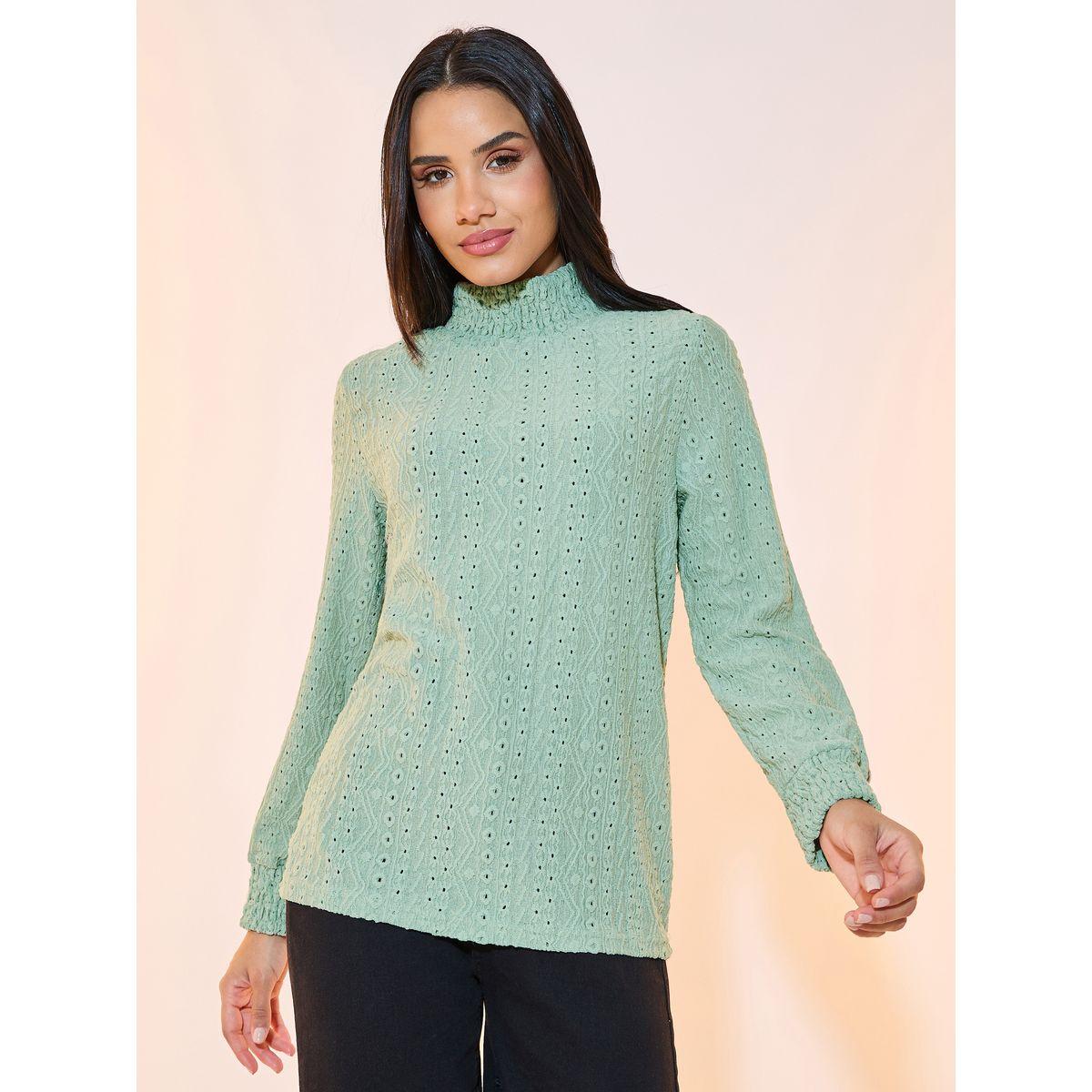 بلوزة بتفاصيل شيفلي وياقة عالية-women-clothing-shirtsandblouses-blouses-image-1