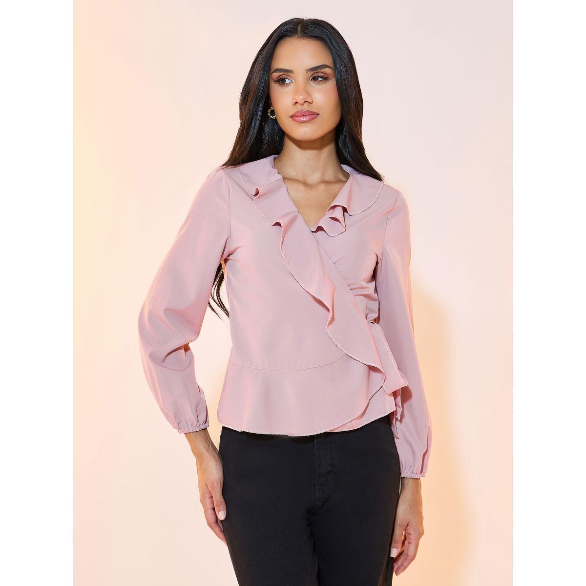 بلوزة سادة بنمط لف وأكمام طويلة-women-clothing-shirtsandblouses-blouses-image-1