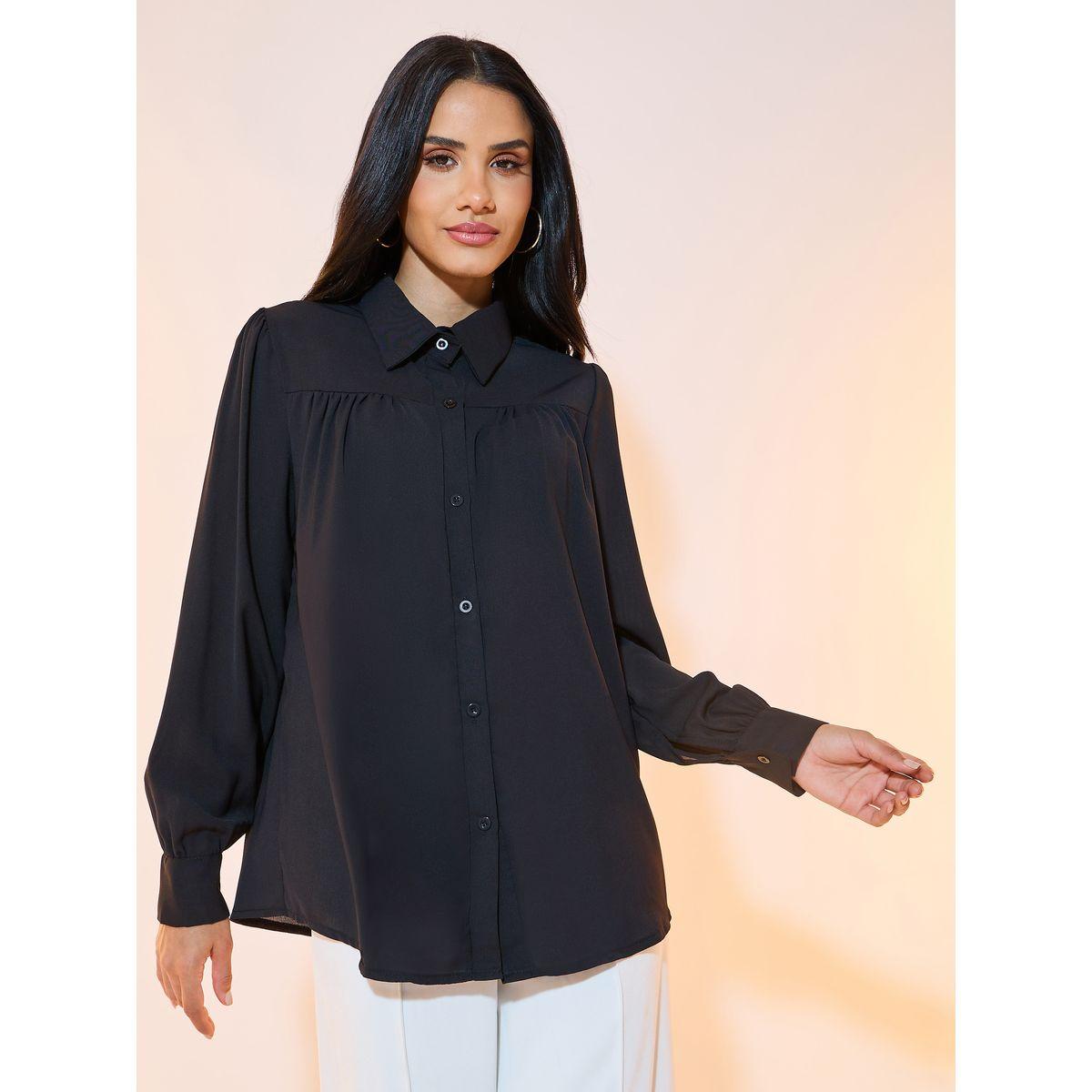 Styli Solid Lapel Front Button Shirt-women-clothing-shirtsandblouses-shirts-image-1