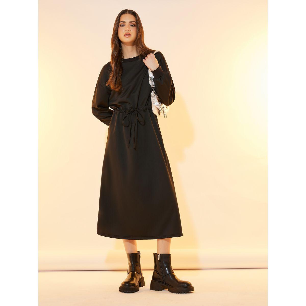 Take Two Solid Round Neck Drawstring Waist Midi Dress-women-clothing-dresses-image-1