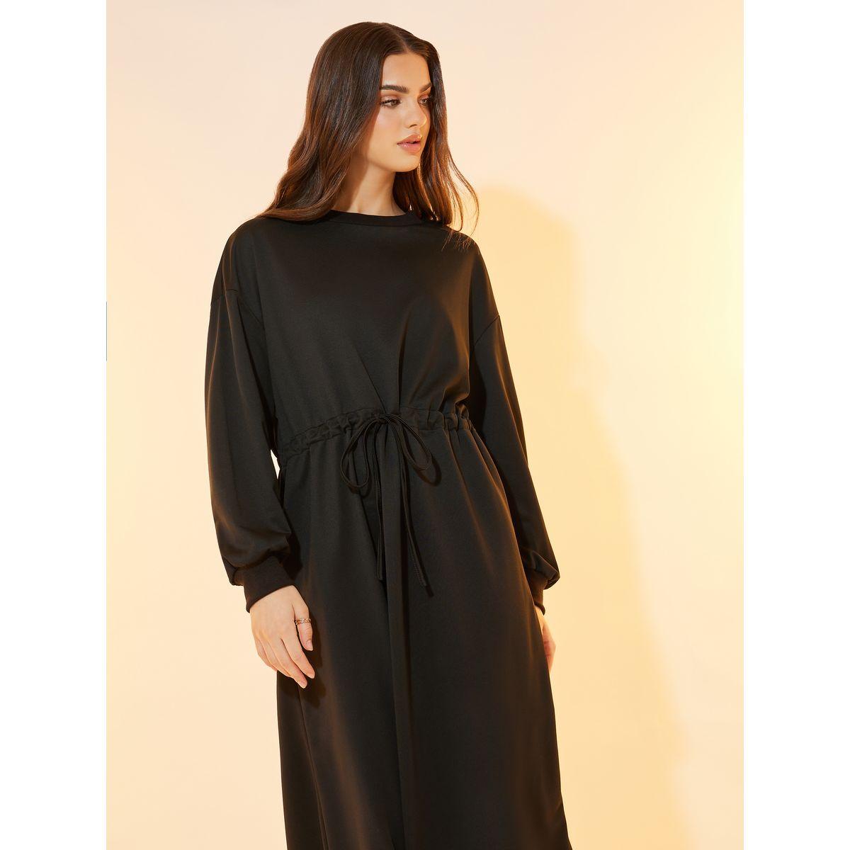 Take Two Solid Round Neck Drawstring Waist Midi Dress-women-clothing-dresses-image-2