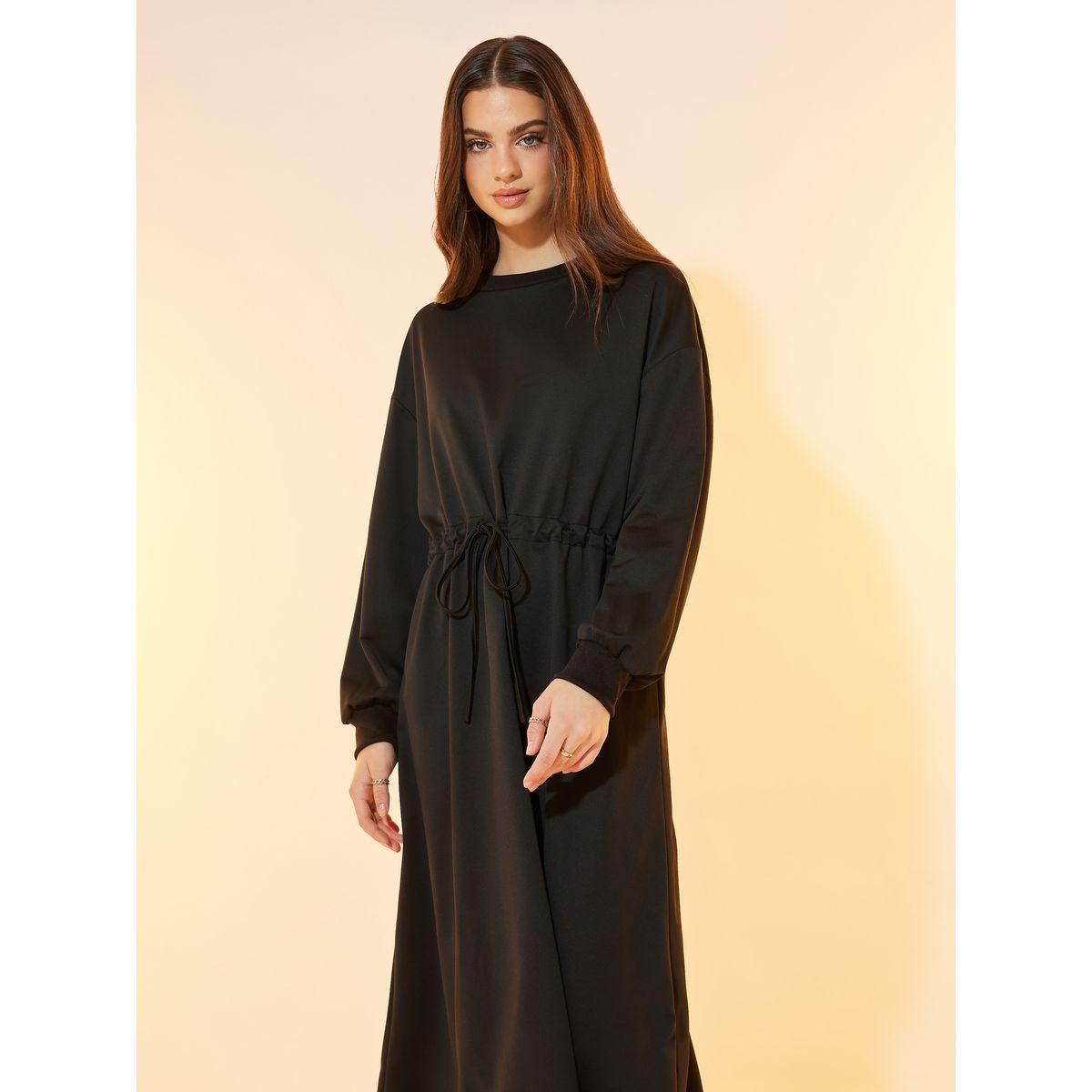 Take Two Solid Round Neck Drawstring Waist Midi Dress-women-clothing-dresses-image-5