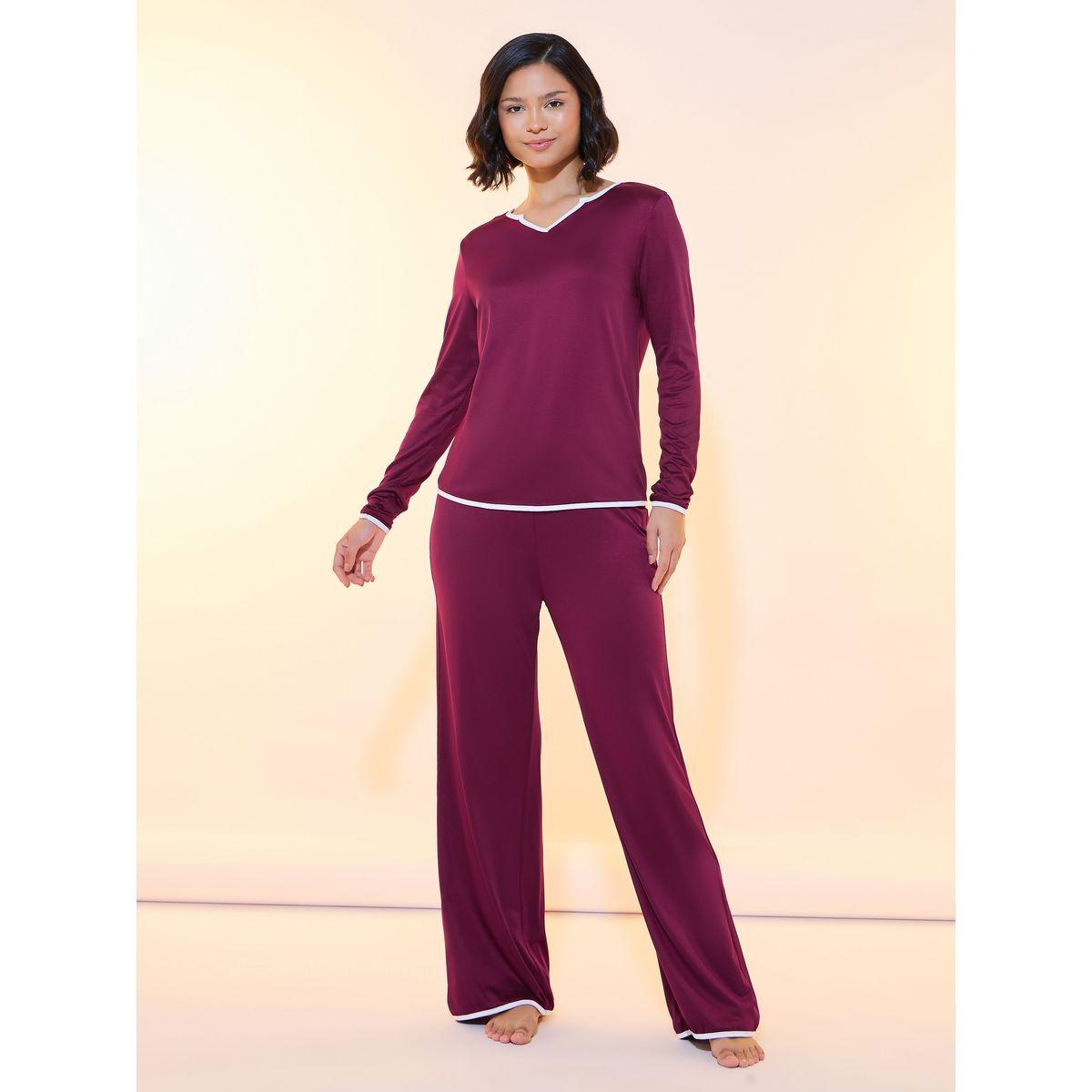 Styli Solid Contrast Edge Top & Pyjama Set-women-clothing-nightwear-pyjamas-longsets-image-1