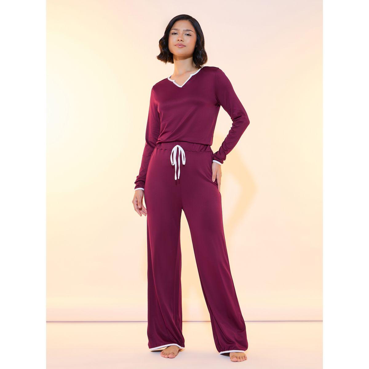 Styli Solid Contrast Edge Top & Pyjama Set-women-clothing-nightwear-pyjamas-longsets-image-2