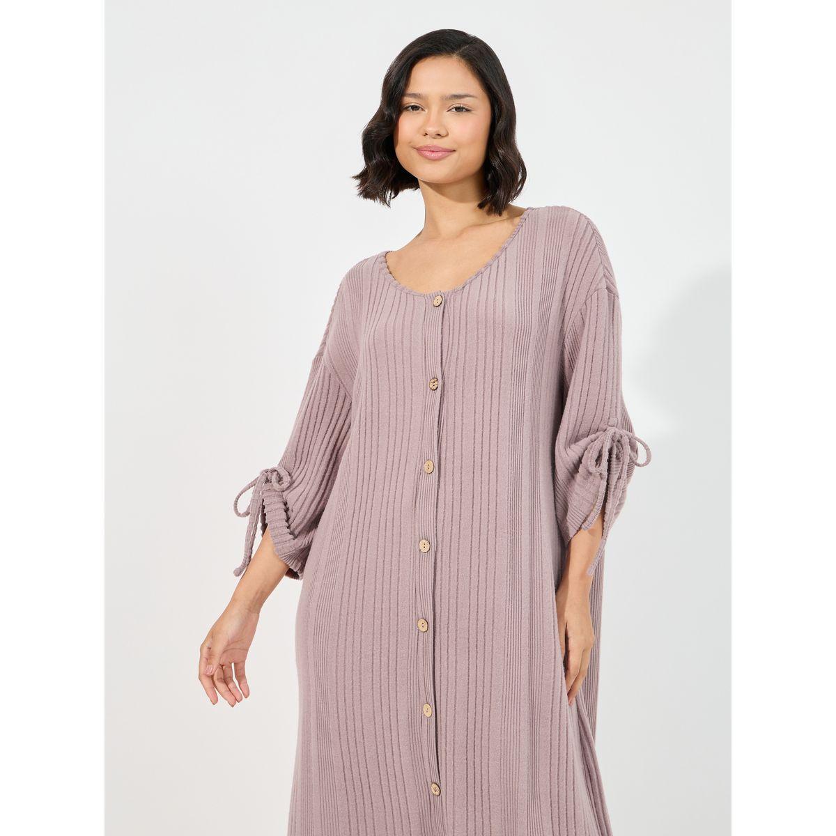 Styli Unwind Rib Button Through Ruched Tie Detail Nightdress-women-clothing-nightwear-nighties-image-2