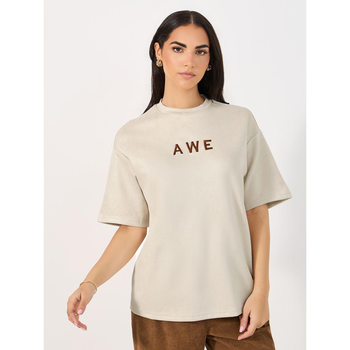 Styli Suede Look Oversized T-Shirt with Embroidered Slogan-women-clothing-tshirts-image-2