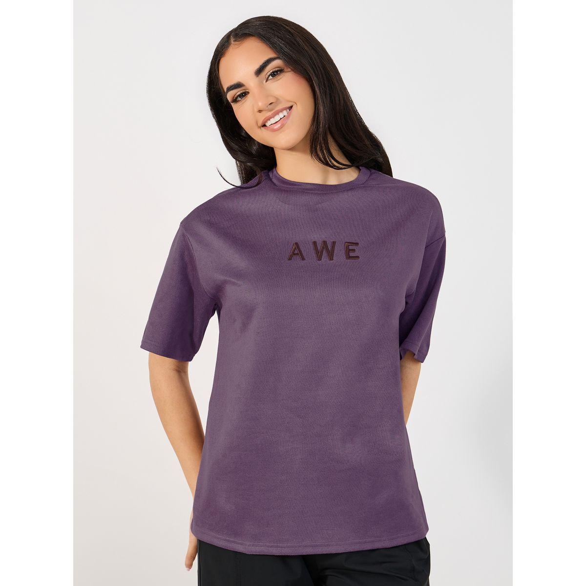 Styli Suede Look Oversized T-Shirt with Embroidered Slogan-women-clothing-tshirts-image-1