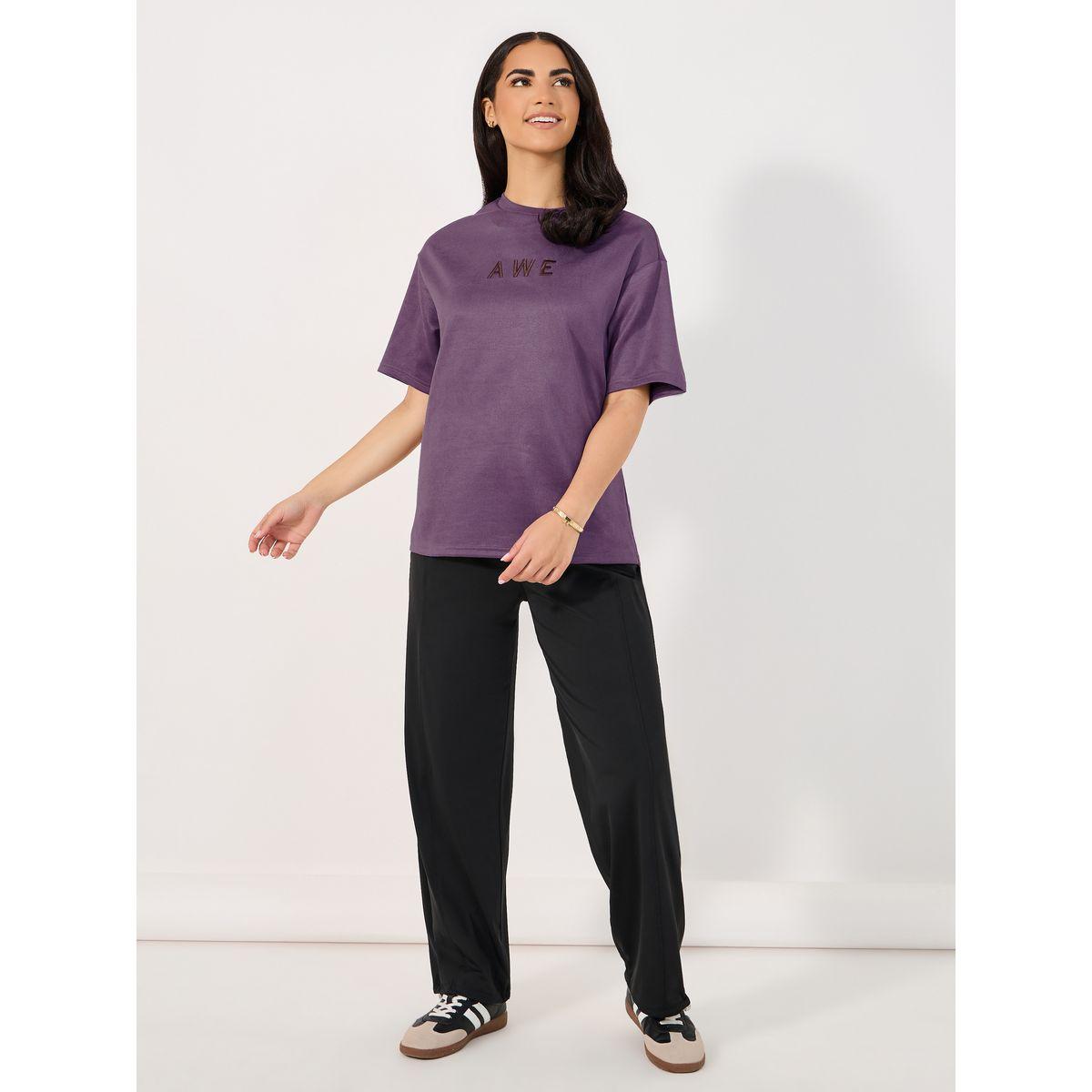 Styli Suede Look Oversized T-Shirt with Embroidered Slogan-women-clothing-tshirts-image-2