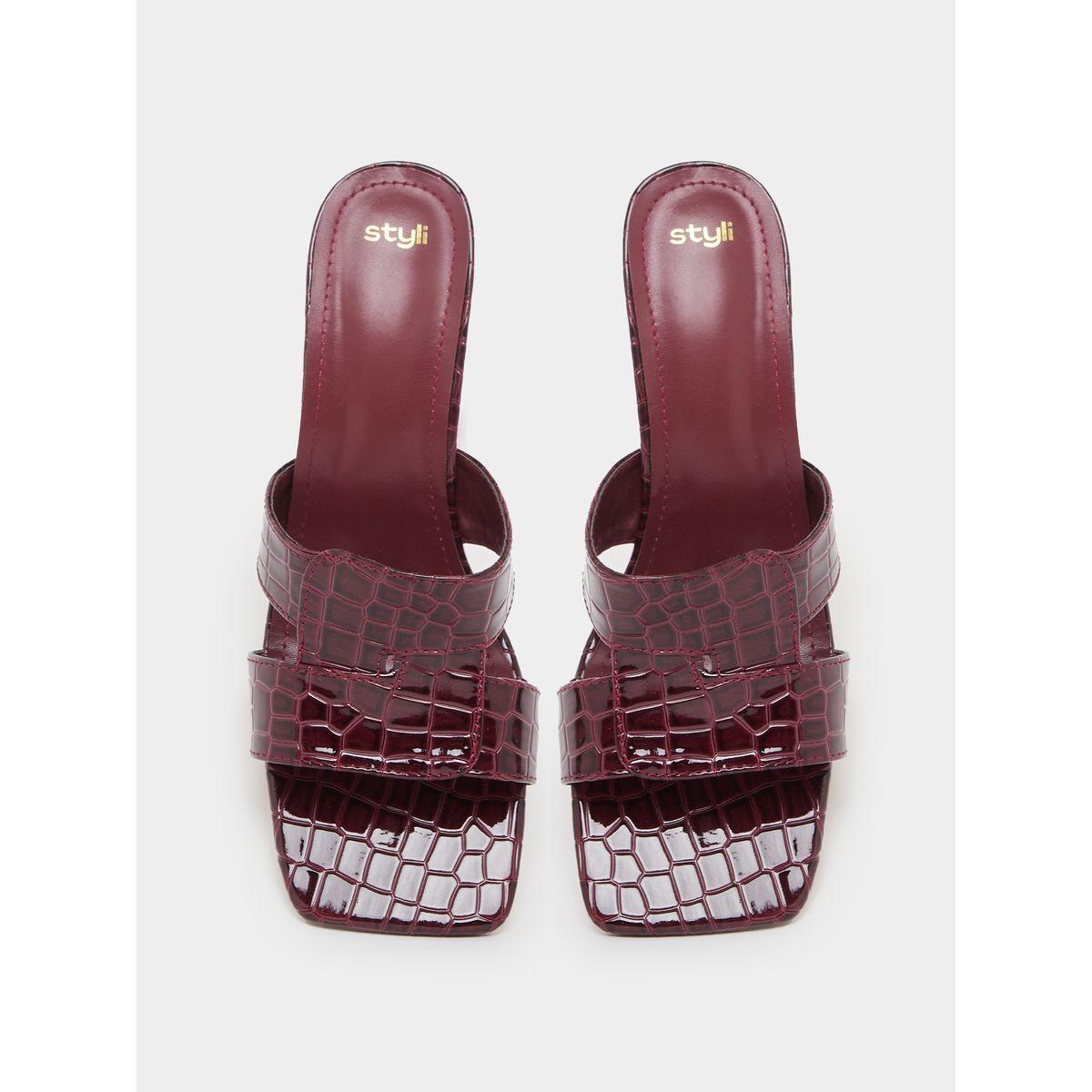 Styli Croc Texture Double Strap Block Heel Sandals-women-shoes-heels-image-6