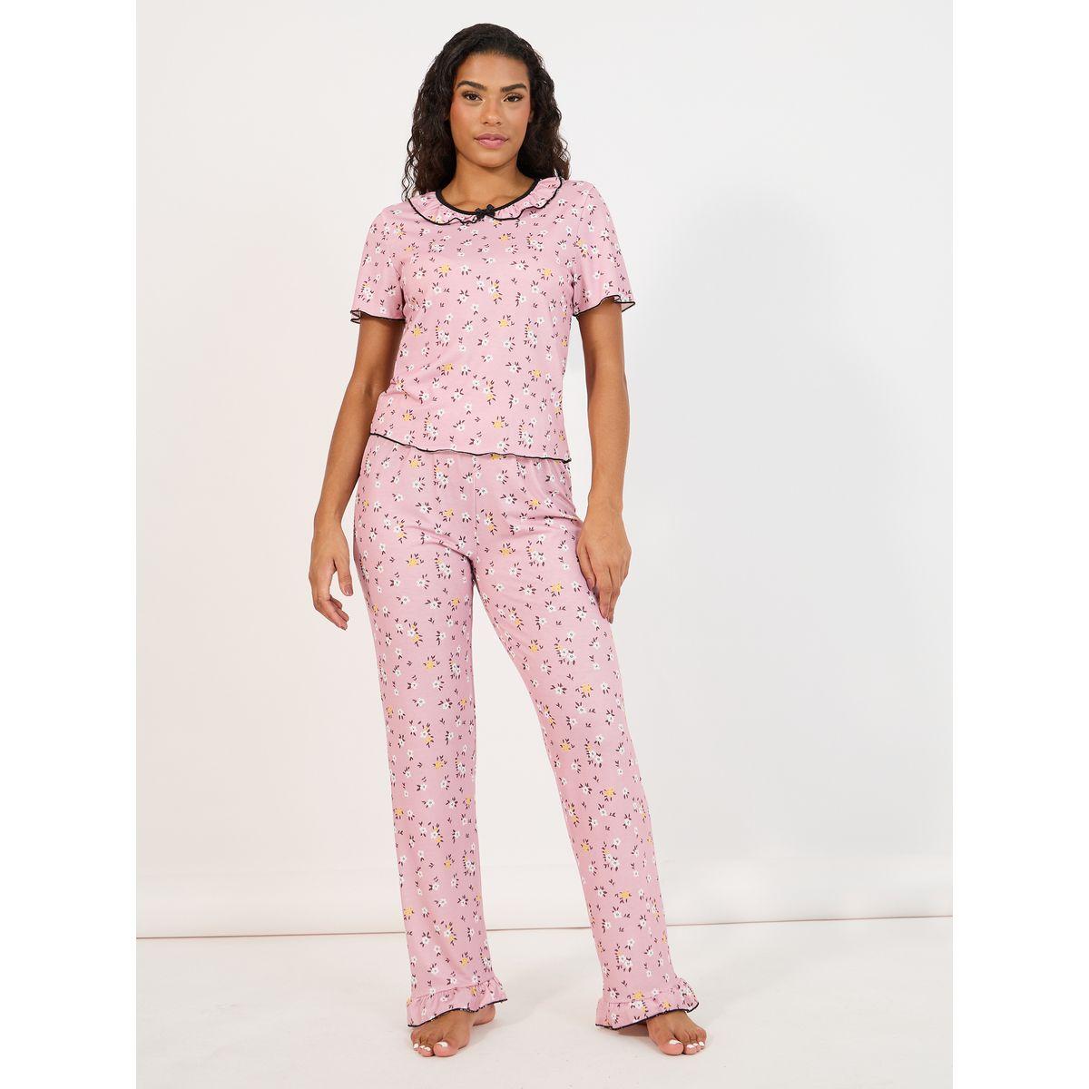 طقم من بنطال بيجاما مع تيشيرت مطبع بزهور-women-clothing-nightwear-pyjamas-longsets-image-1