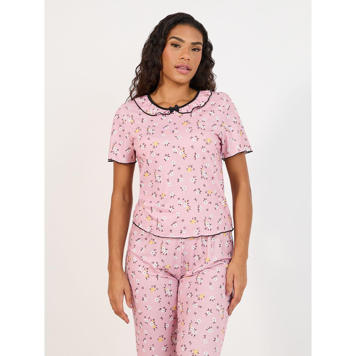 طقم من بنطال بيجاما مع تيشيرت مطبع بزهور-women-clothing-nightwear-pyjamas-longsets-image-2