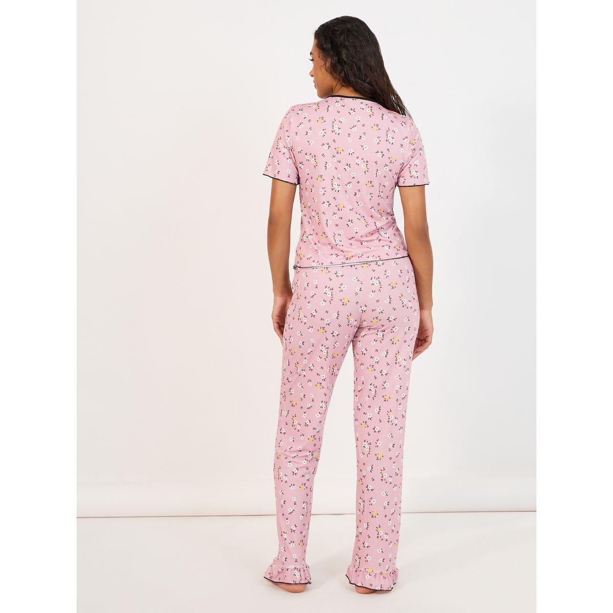 طقم من بنطال بيجاما مع تيشيرت مطبع بزهور-women-clothing-nightwear-pyjamas-longsets-image-4