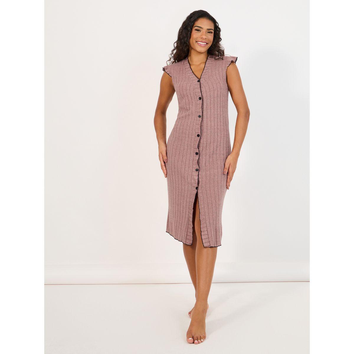 Styli Unwind Rib Contrast Edge Button Closure Nightshirt Dress-women-clothing-nightwear-nighties-image-1