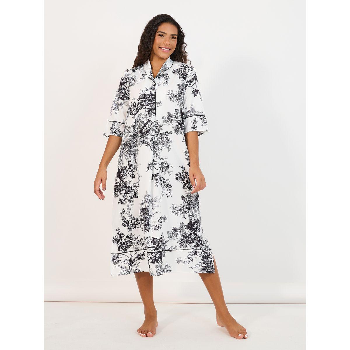Styli Unwind Mono Floral Piped Button Through Nightshirt Dress-women-clothing-nightwear-nighties-image-1
